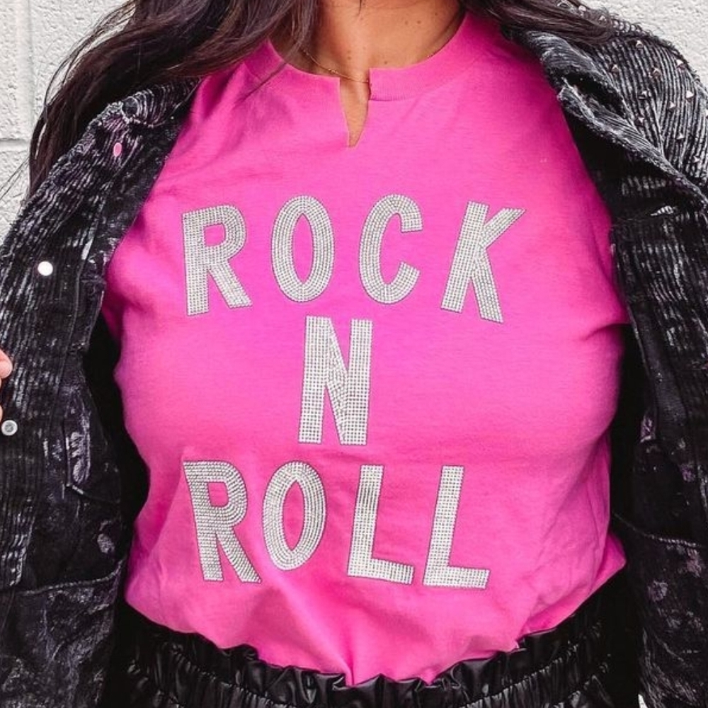 . Distressed Vintage Couture Pink & Silver Embellished Rock N Roll Cut Neck Tee